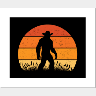 Bigfoot Sasquatch Cowboy in the Wild Vintage Retro Sunset Outdoor Posters and Art